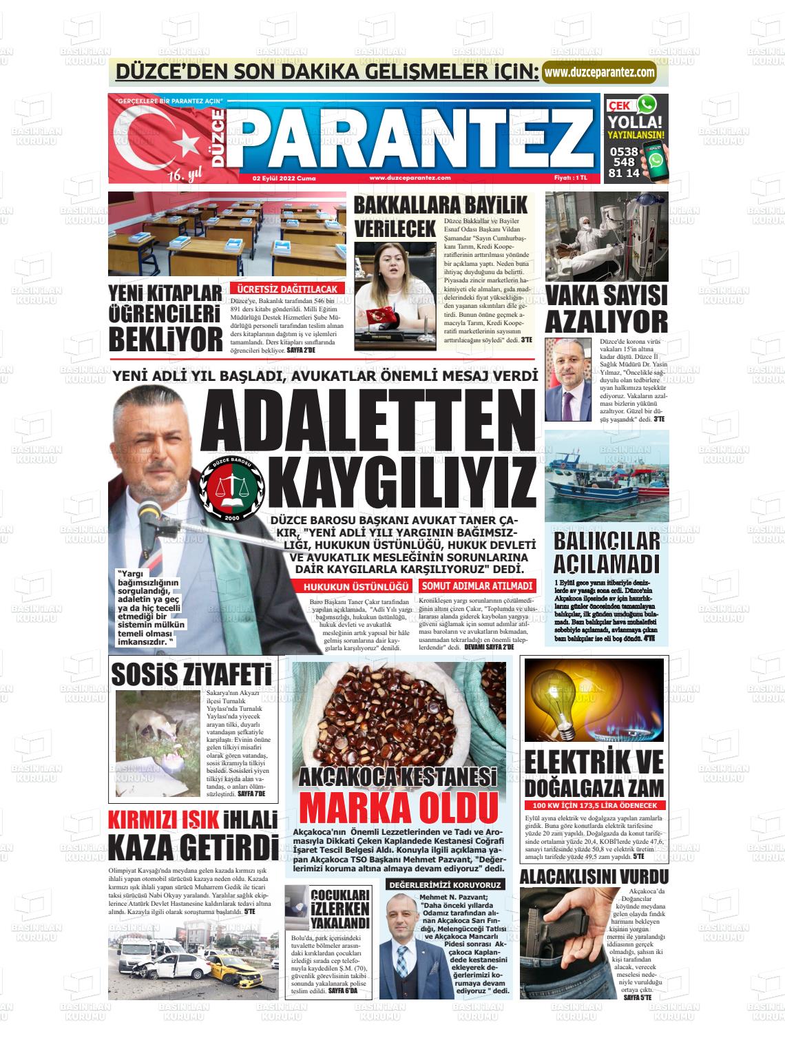 02 Eylül 2022 Düzce Parantez Gazete Manşeti