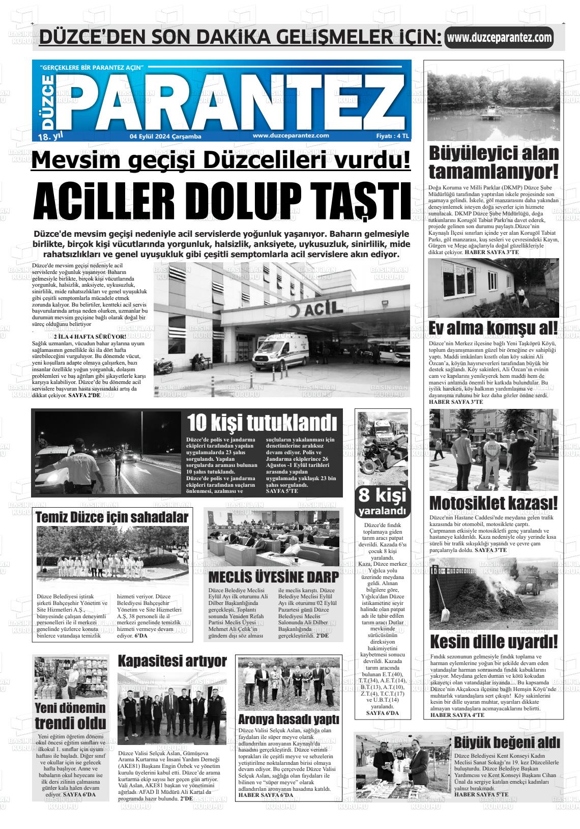 04 Eylül 2024 Düzce Parantez Gazete Manşeti