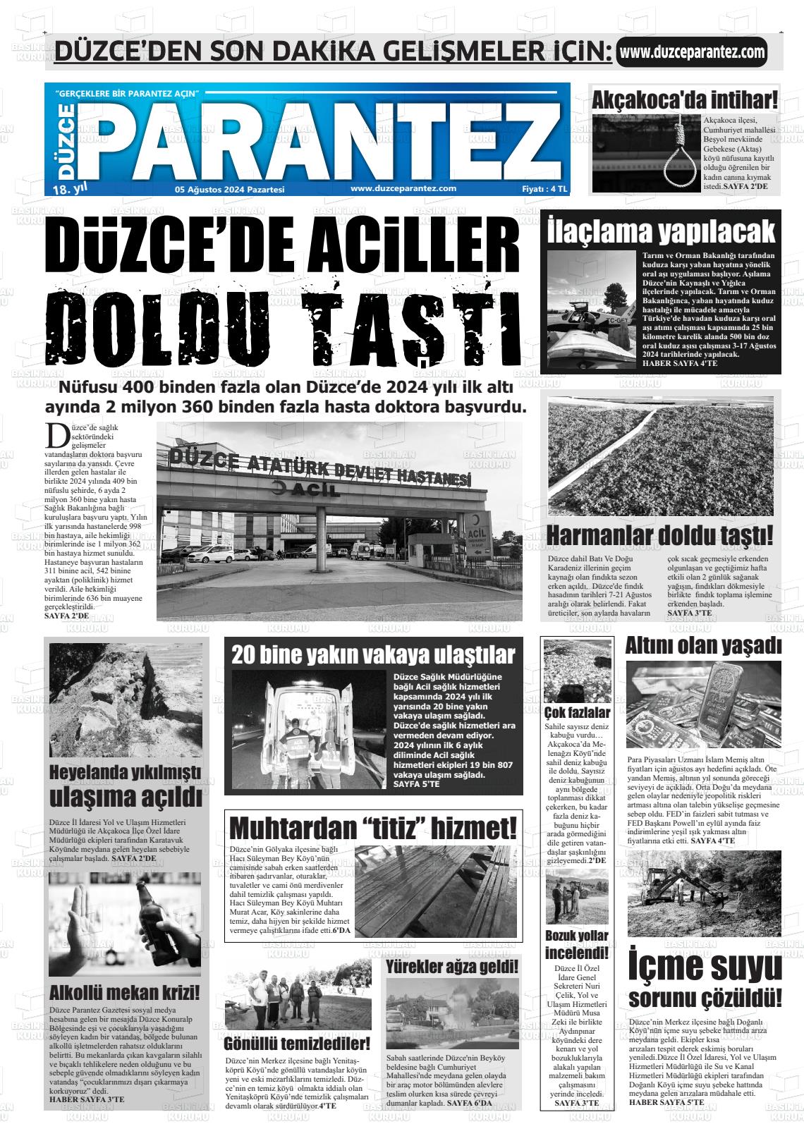 05 Ağustos 2024 Düzce Parantez Gazete Manşeti