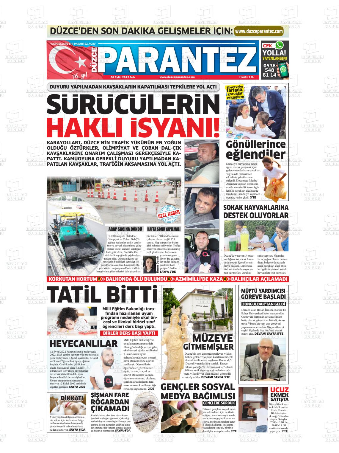 04 Kasım 2022 Düzce Parantez Gazete Manşeti