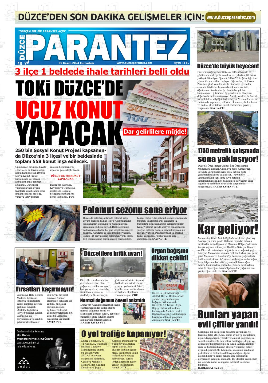 09 Kasım 2024 Düzce Parantez Gazete Manşeti