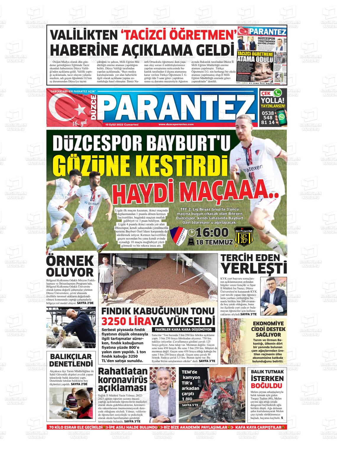 08 Kasım 2022 Düzce Parantez Gazete Manşeti