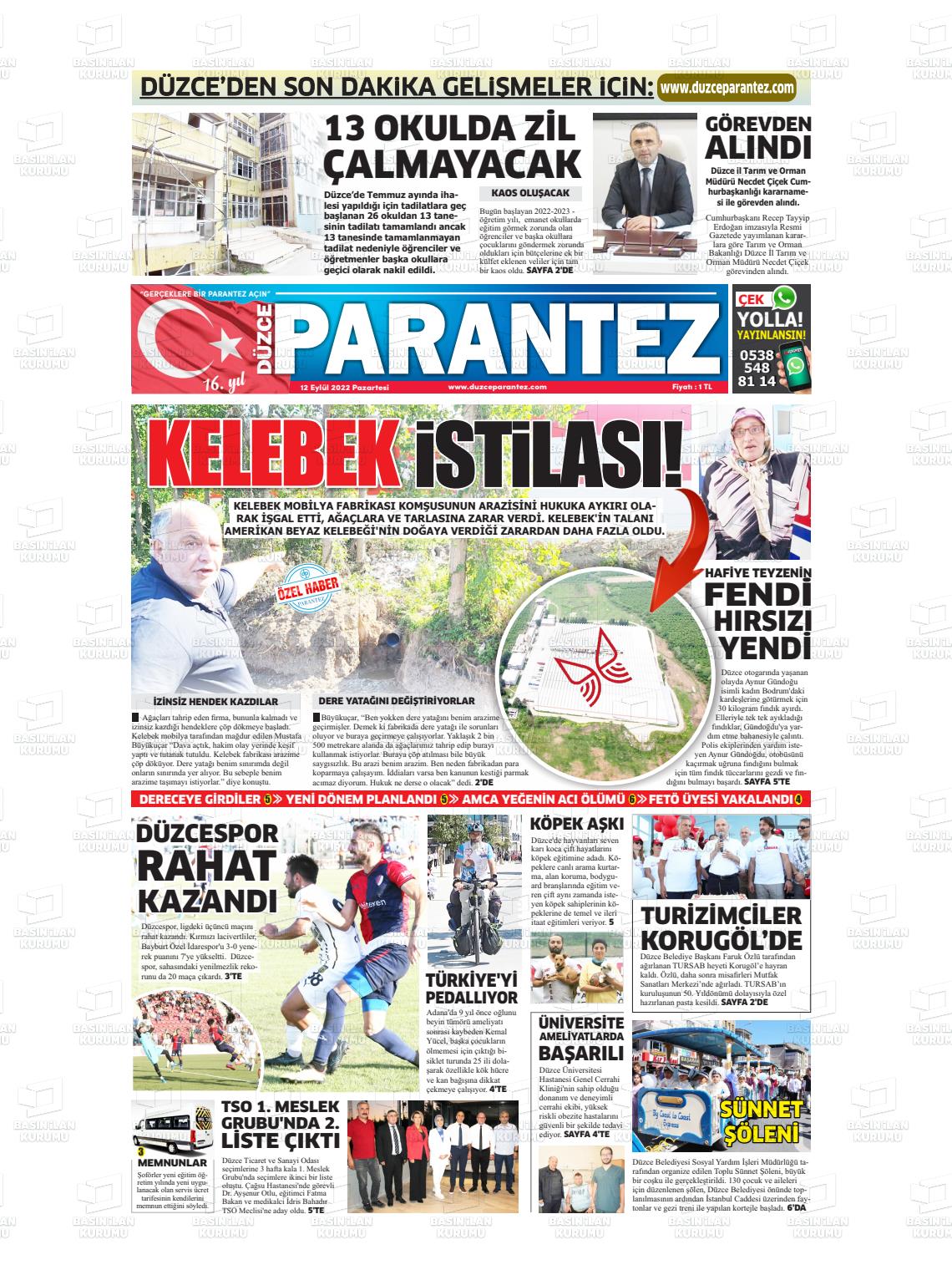 12 Eylül 2022 Düzce Parantez Gazete Manşeti