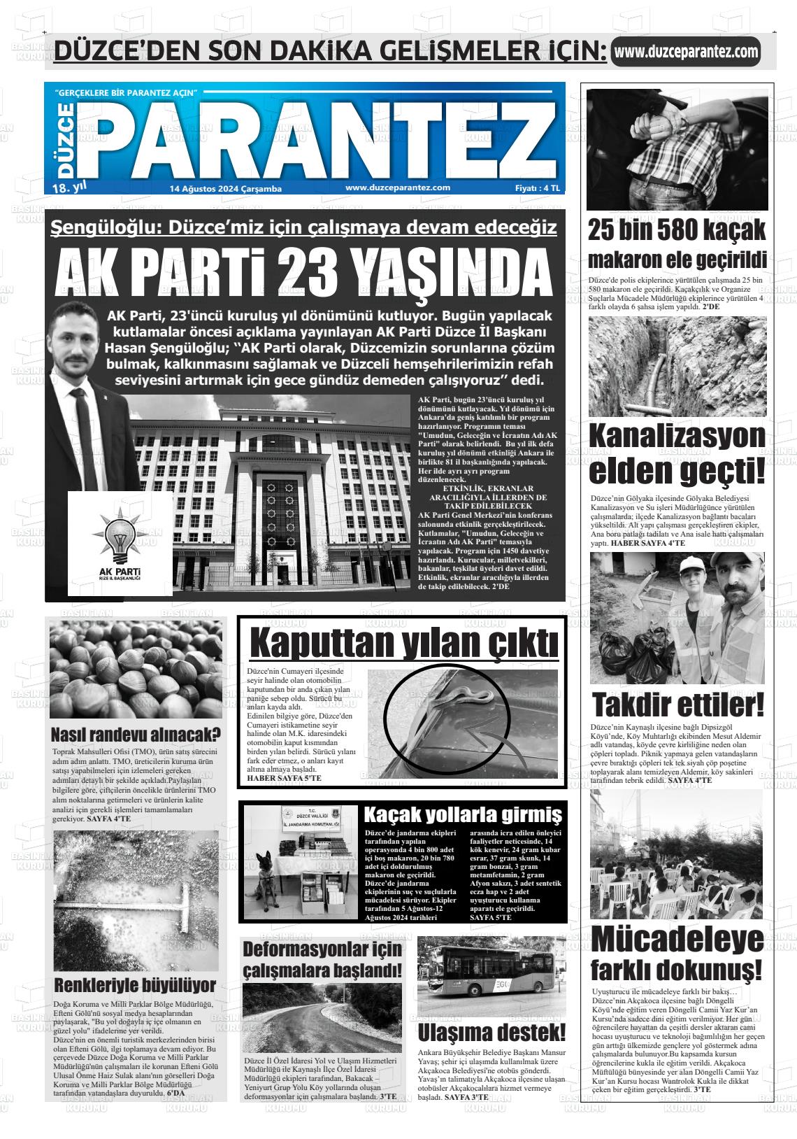 14 Ağustos 2024 Düzce Parantez Gazete Manşeti