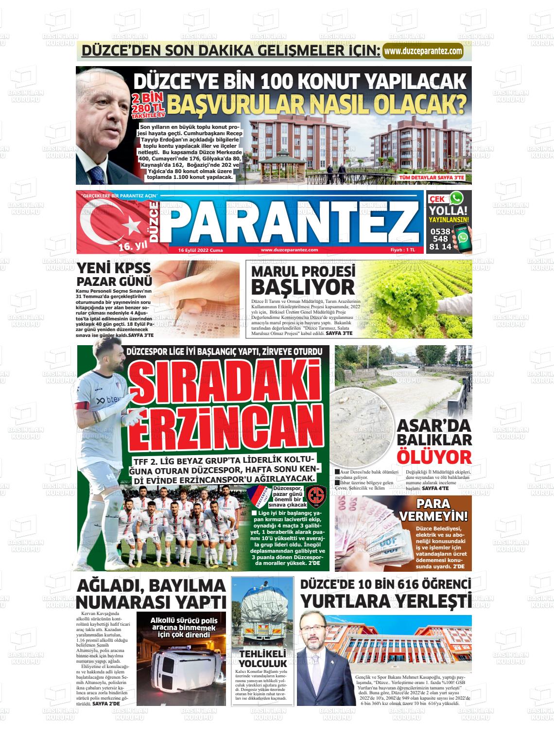 16 Eylül 2022 Düzce Parantez Gazete Manşeti