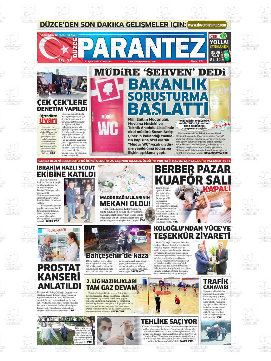 15 Kasım 2022 Düzce Parantez Gazete Manşeti