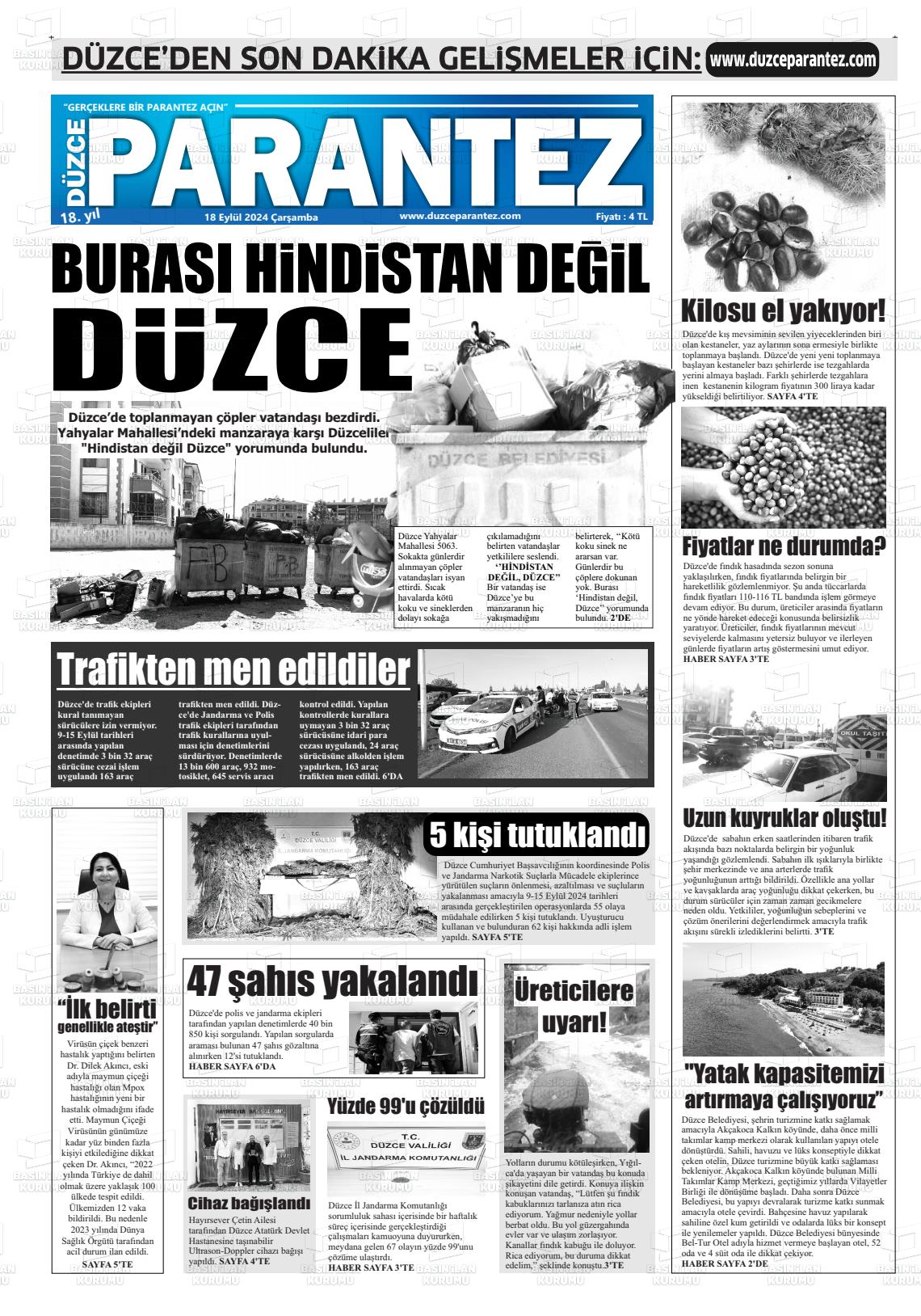 18 Eylül 2024 Düzce Parantez Gazete Manşeti