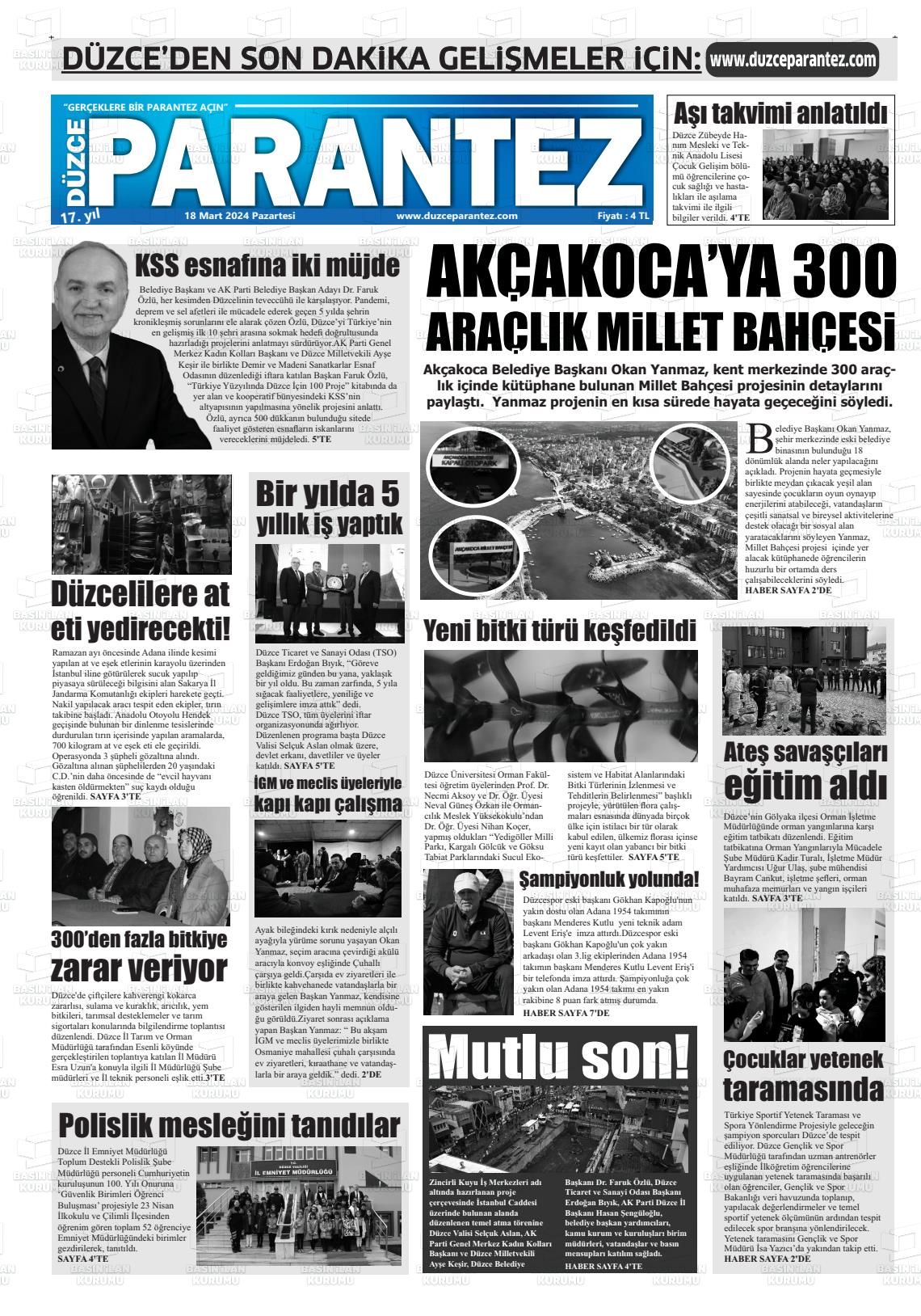 18 Mart 2024 Düzce Parantez Gazete Manşeti