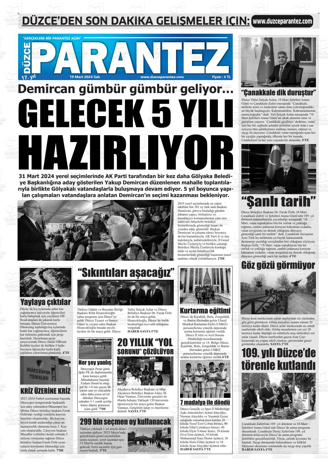 19 Mart 2024 Düzce Parantez Gazete Manşeti