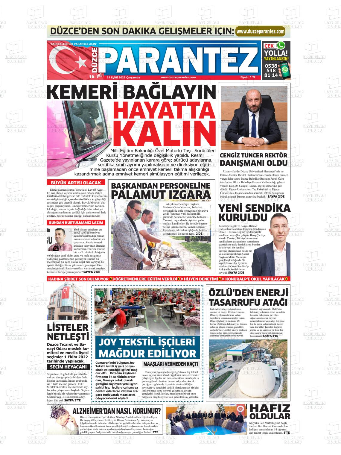 19 Kasım 2022 Düzce Parantez Gazete Manşeti