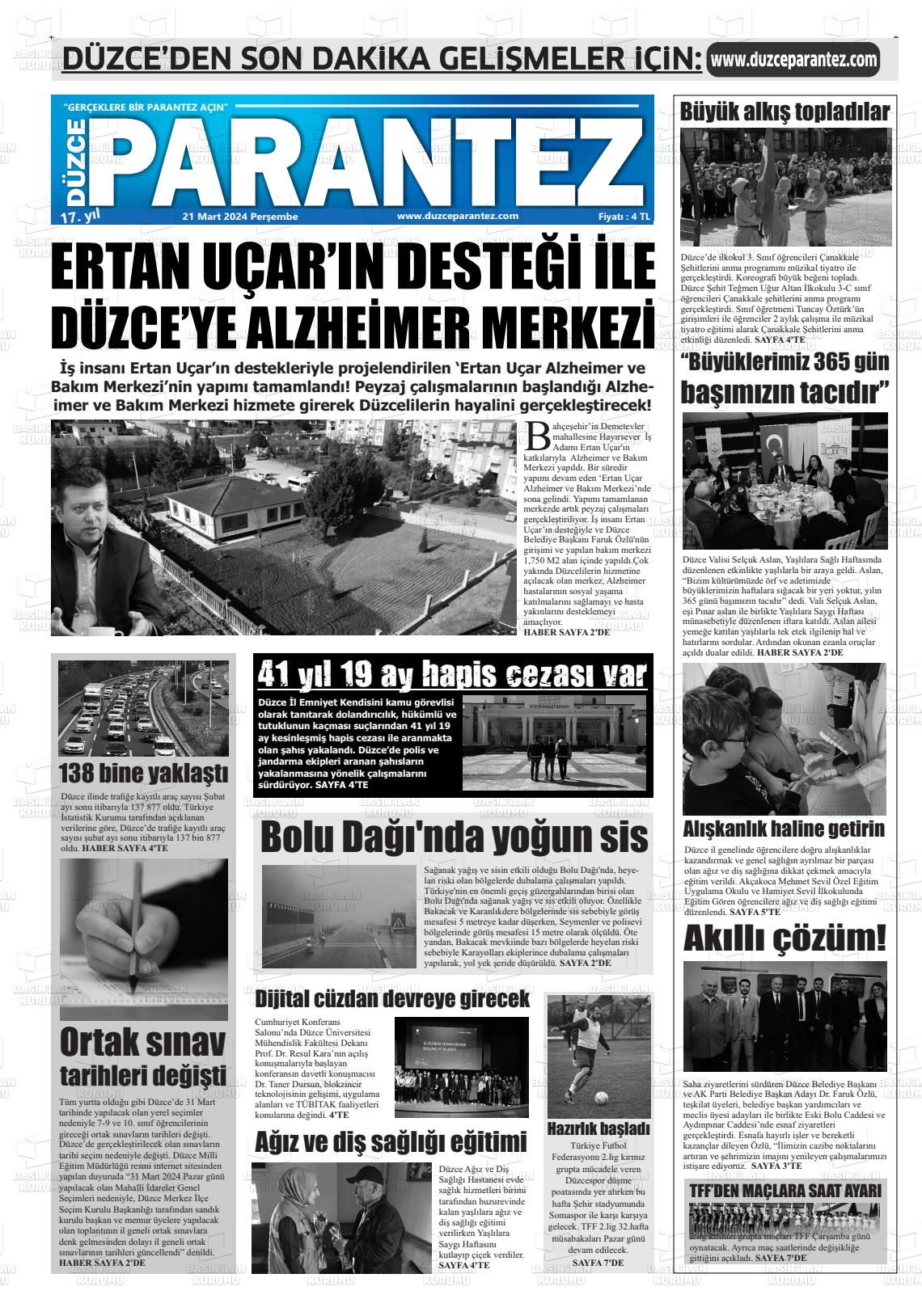 21 Mart 2024 Düzce Parantez Gazete Manşeti