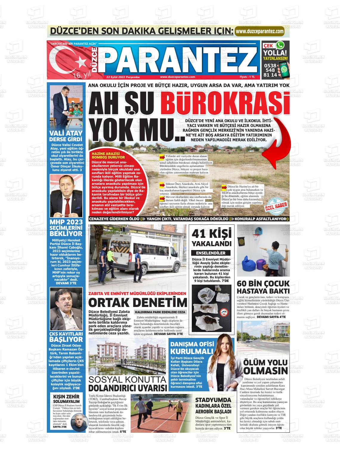 22 Eylül 2022 Düzce Parantez Gazete Manşeti