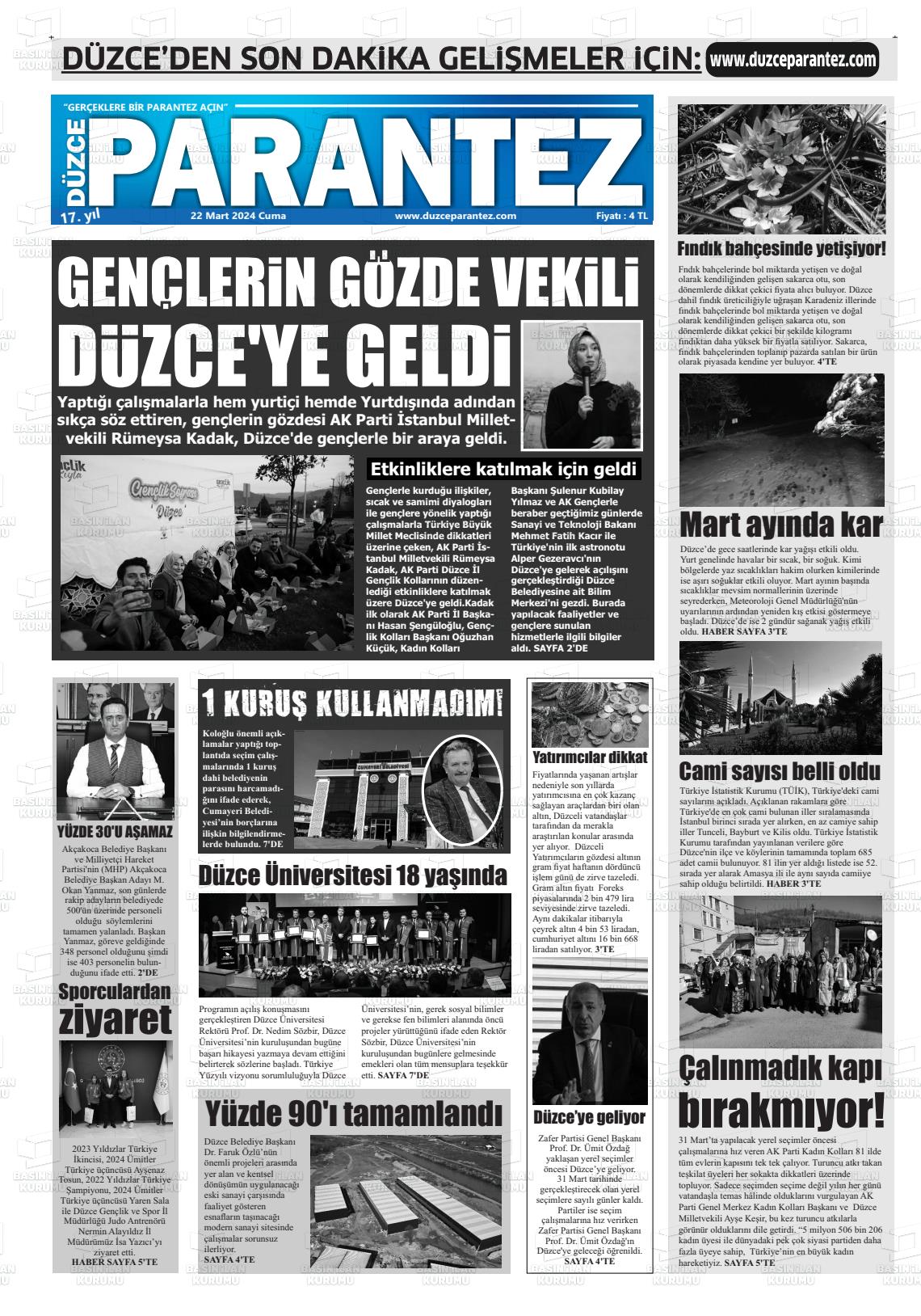 22 Mart 2024 Düzce Parantez Gazete Manşeti