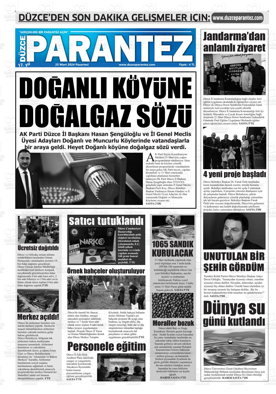 25 Mart 2024 Düzce Parantez Gazete Manşeti