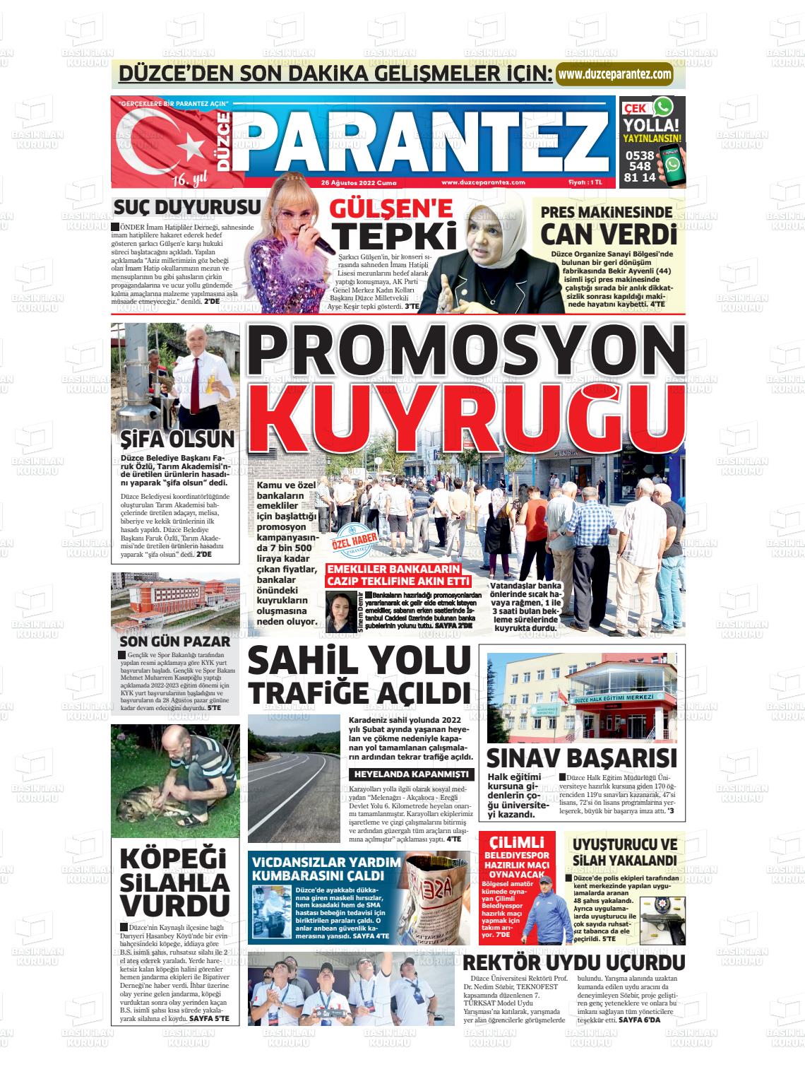 26 Ağustos 2022 Düzce Parantez Gazete Manşeti