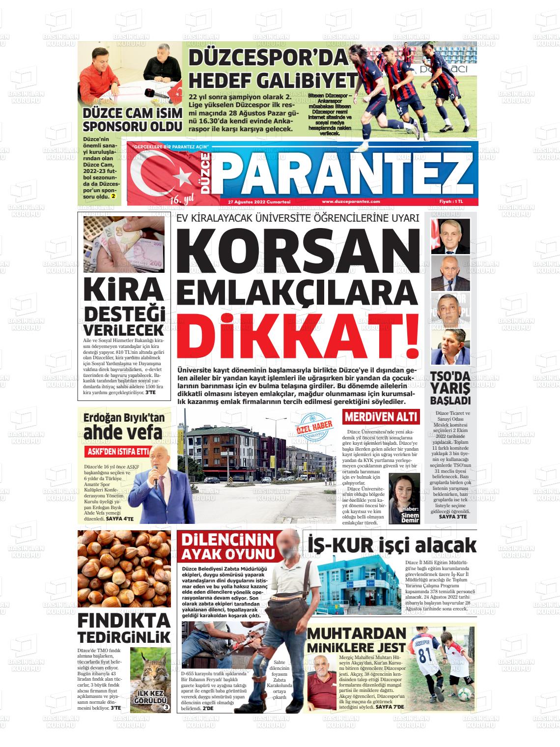 27 Ağustos 2022 Düzce Parantez Gazete Manşeti