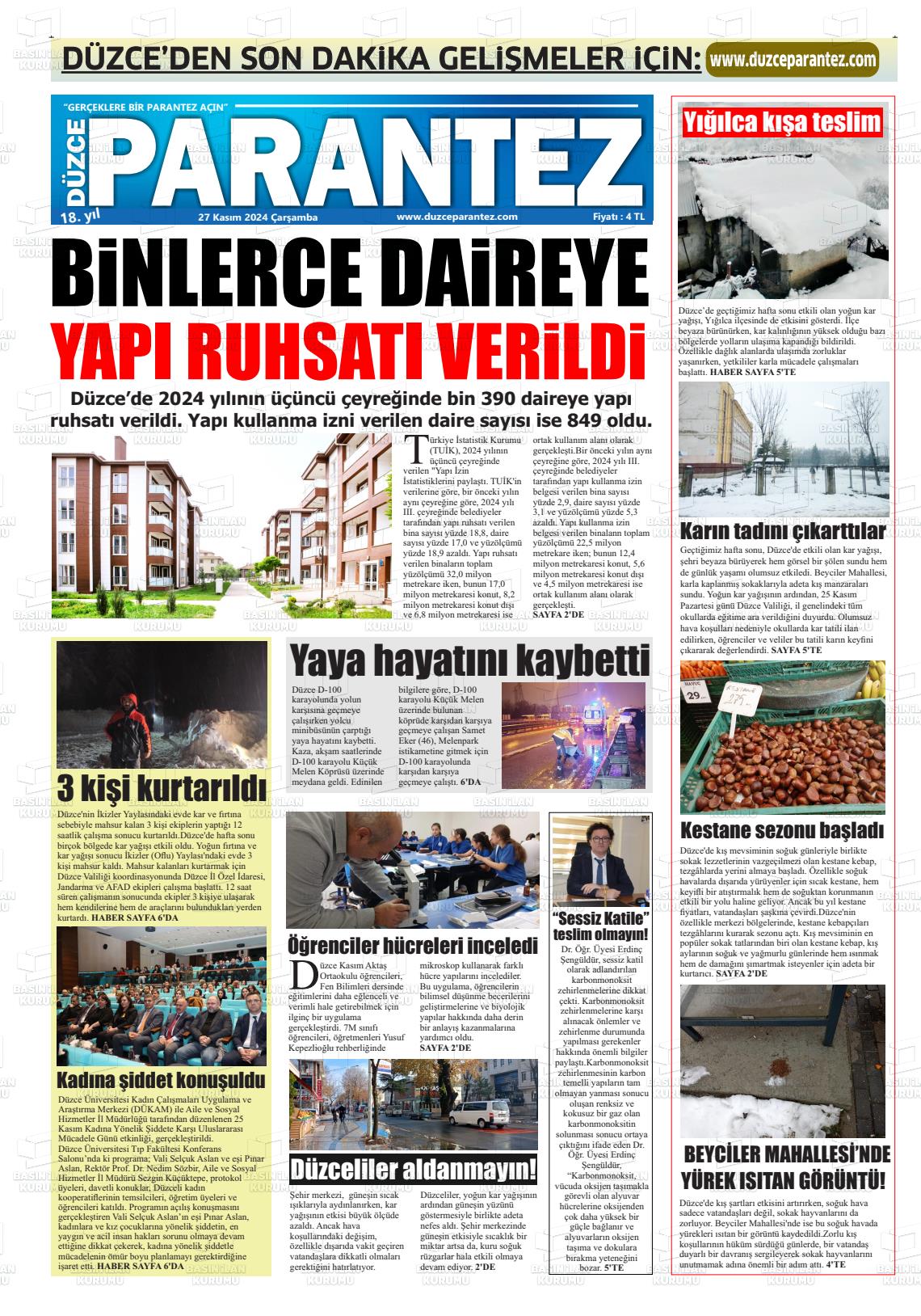 27 Kasım 2024 Düzce Parantez Gazete Manşeti