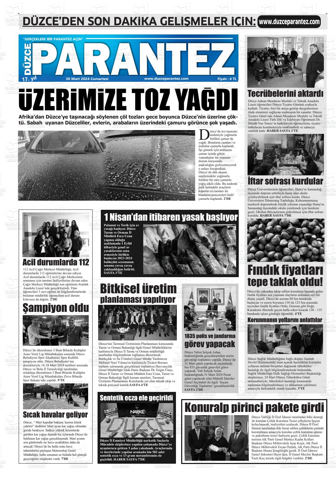 30 Mart 2024 Düzce Parantez Gazete Manşeti