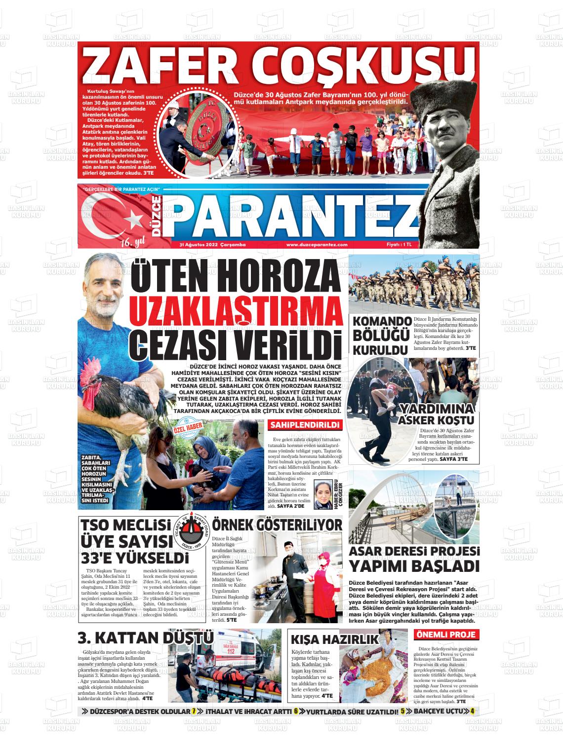 29 Ekim 2022 Düzce Parantez Gazete Manşeti