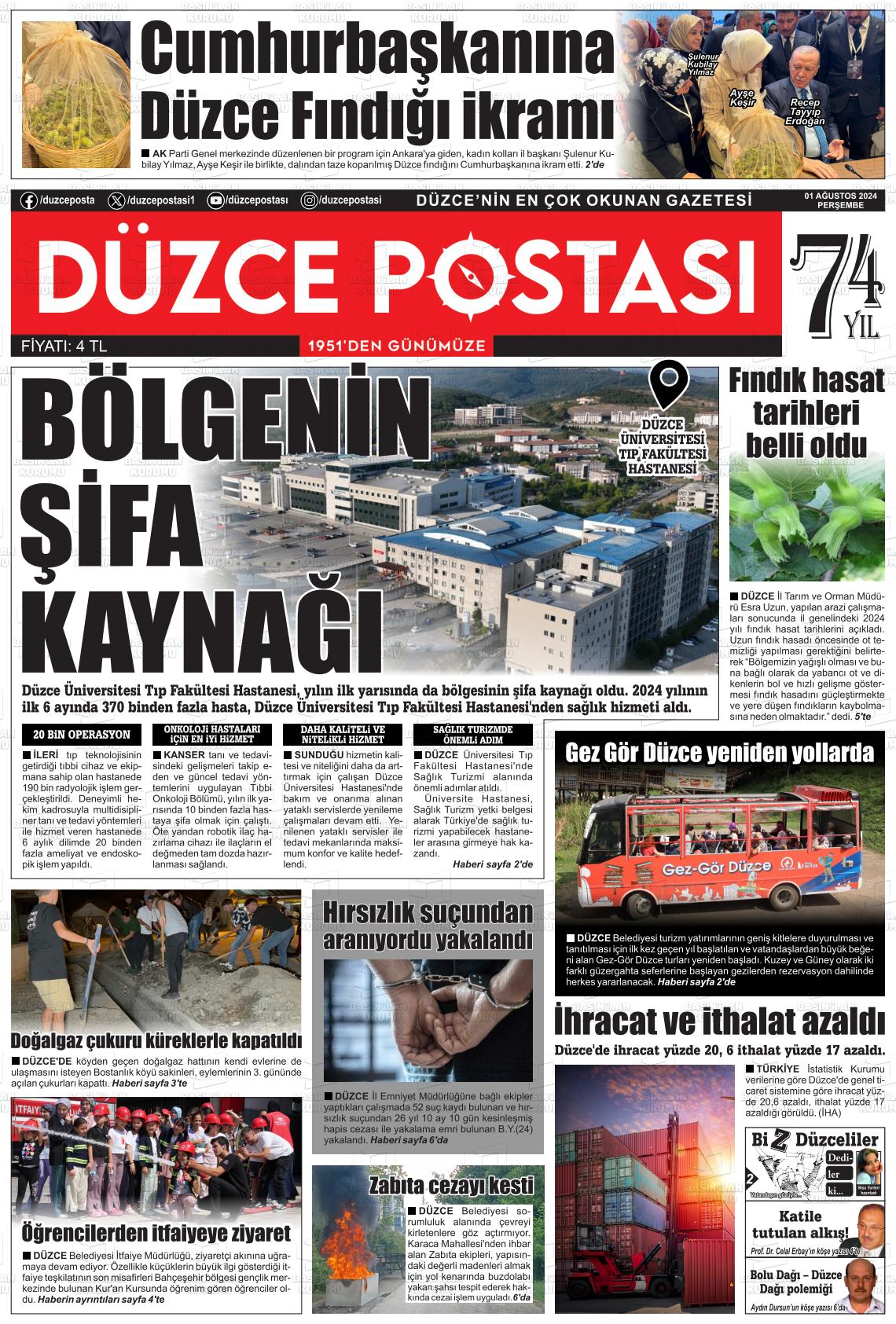 01 Ağustos 2024 Düzce Postası Gazete Manşeti