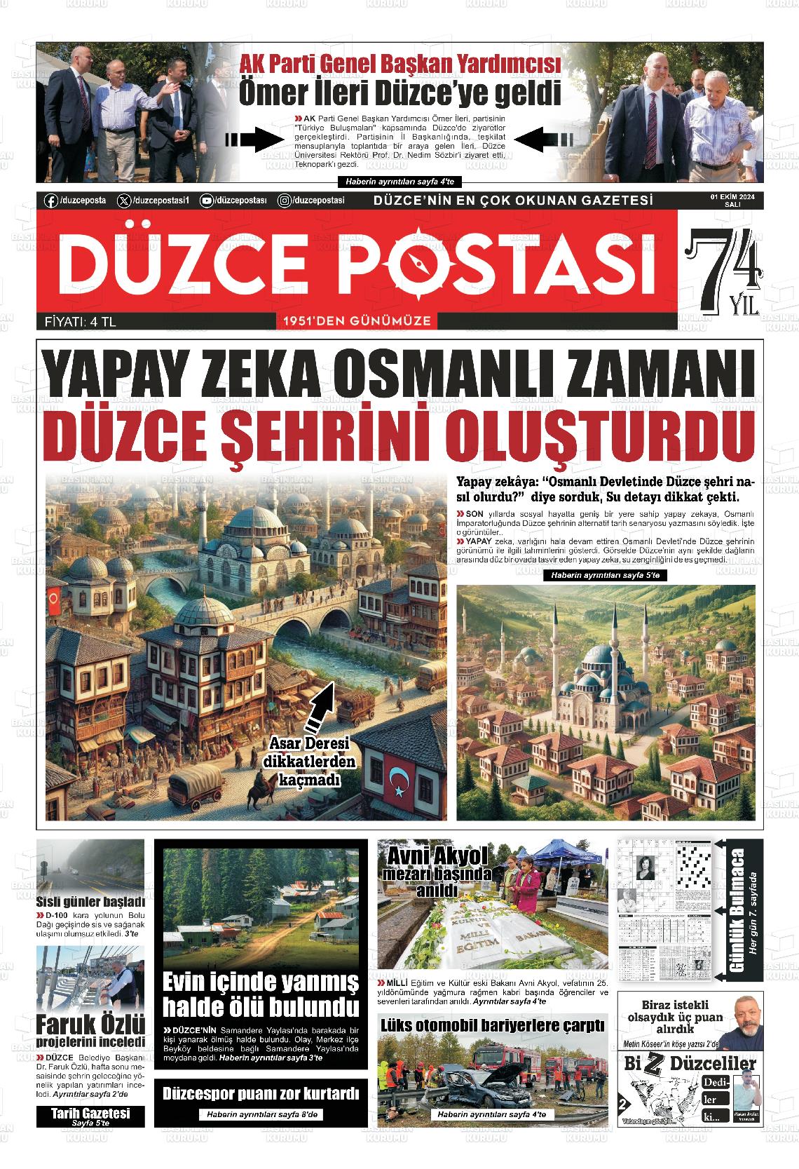 01 Ekim 2024 Düzce Postası Gazete Manşeti