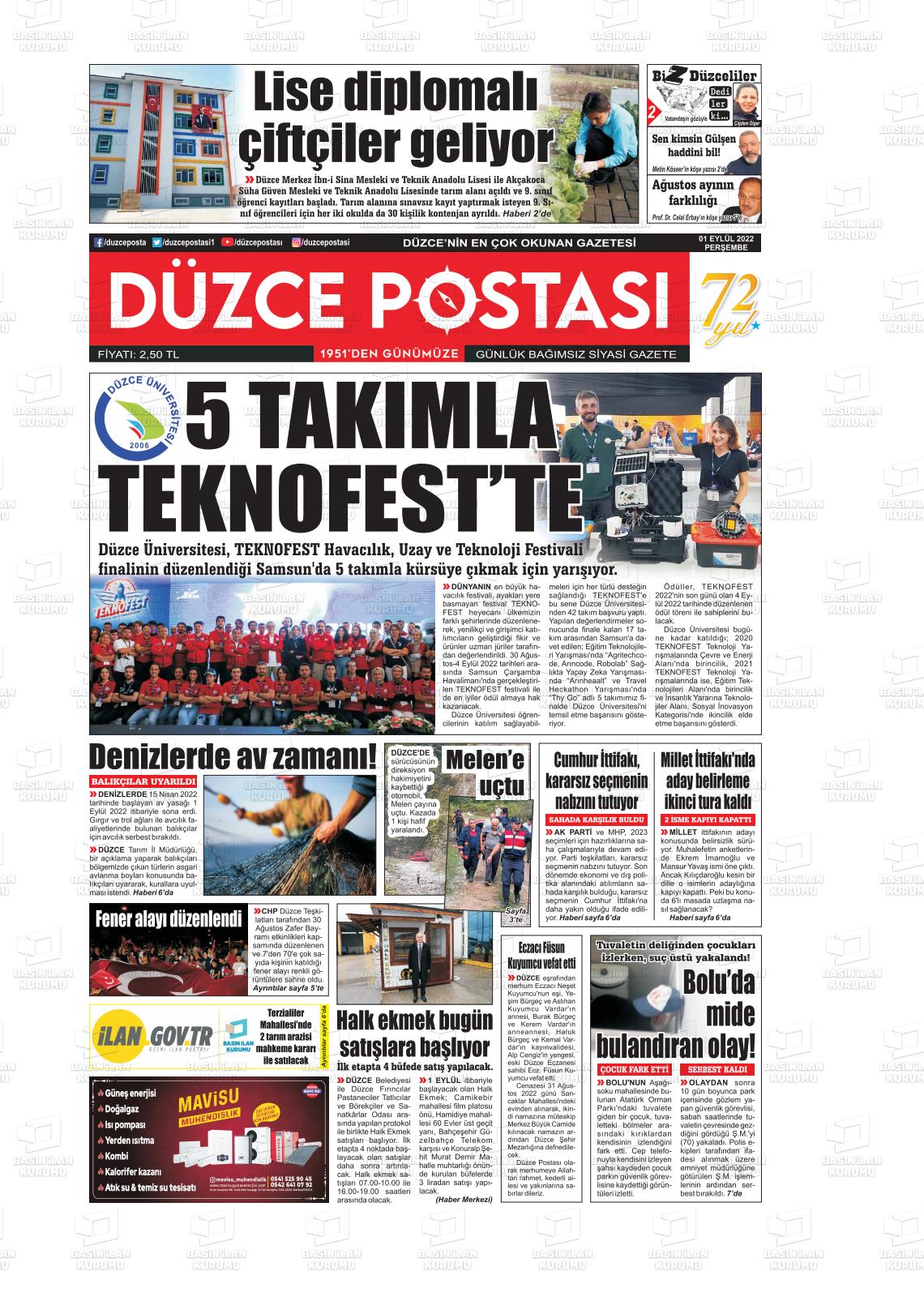 01 Eylül 2022 Düzce Postası Gazete Manşeti