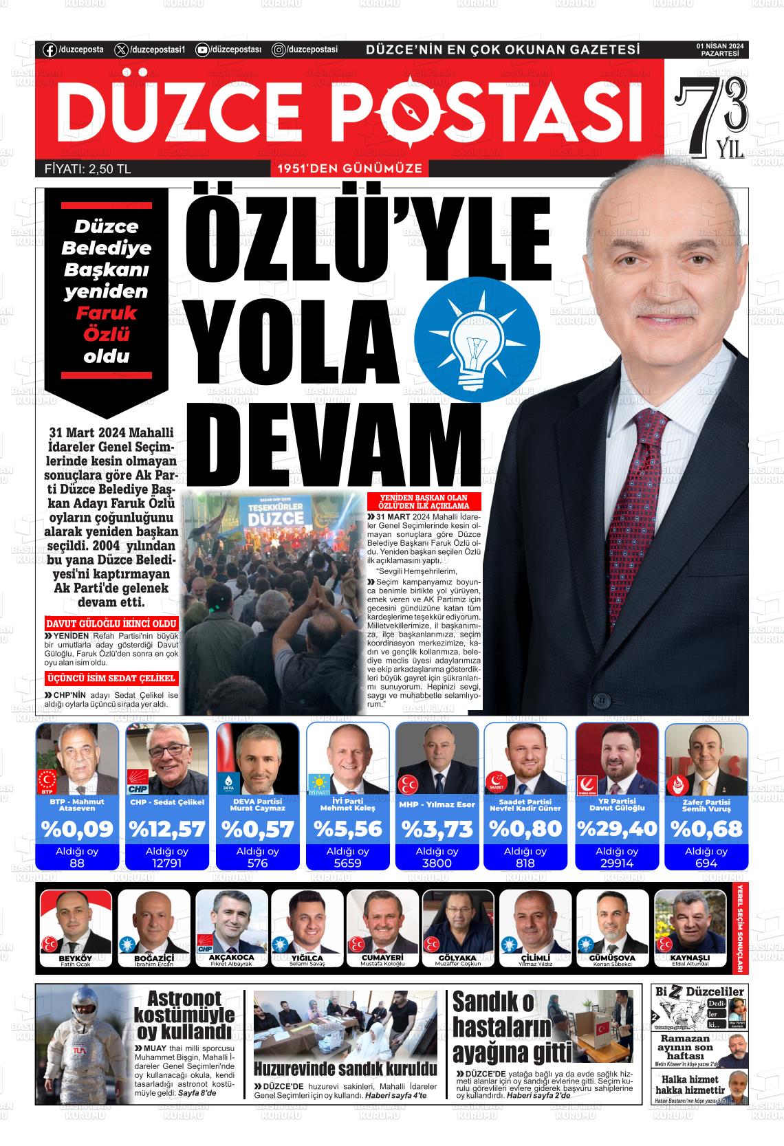 01 Nisan 2024 Düzce Postası Gazete Manşeti