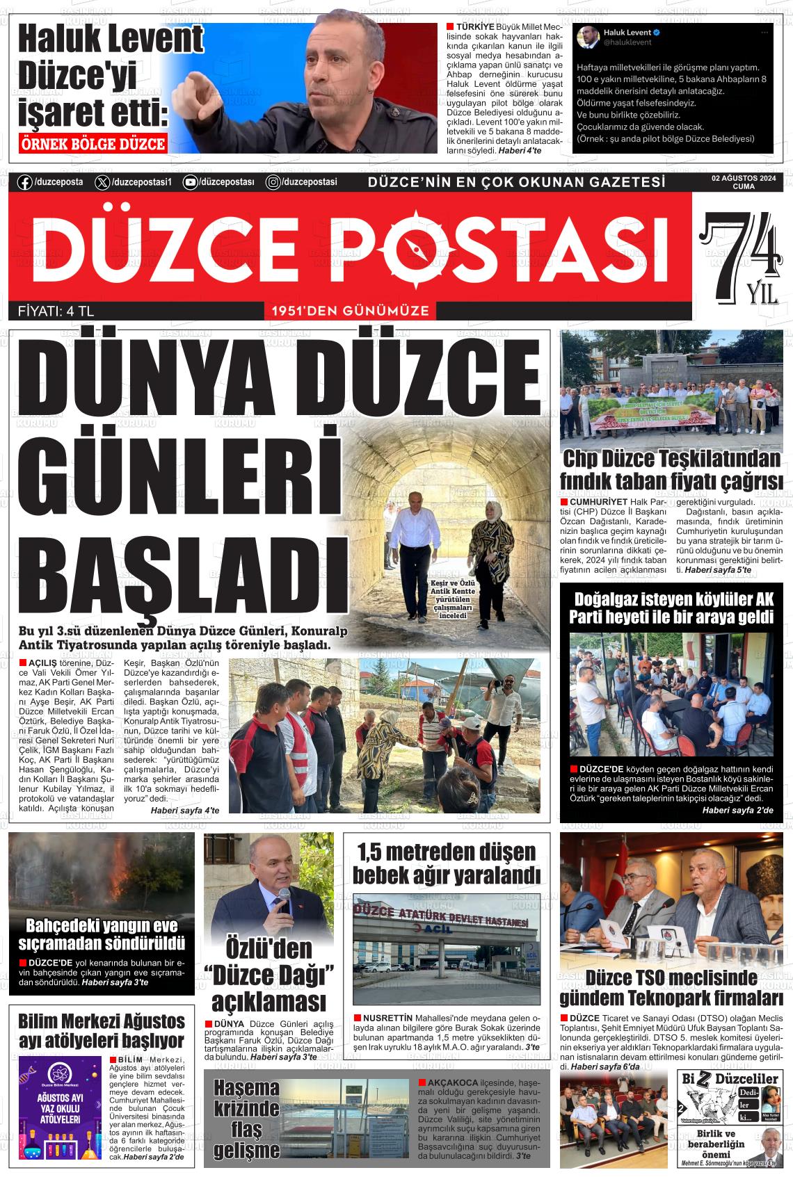 02 Ağustos 2024 Düzce Postası Gazete Manşeti