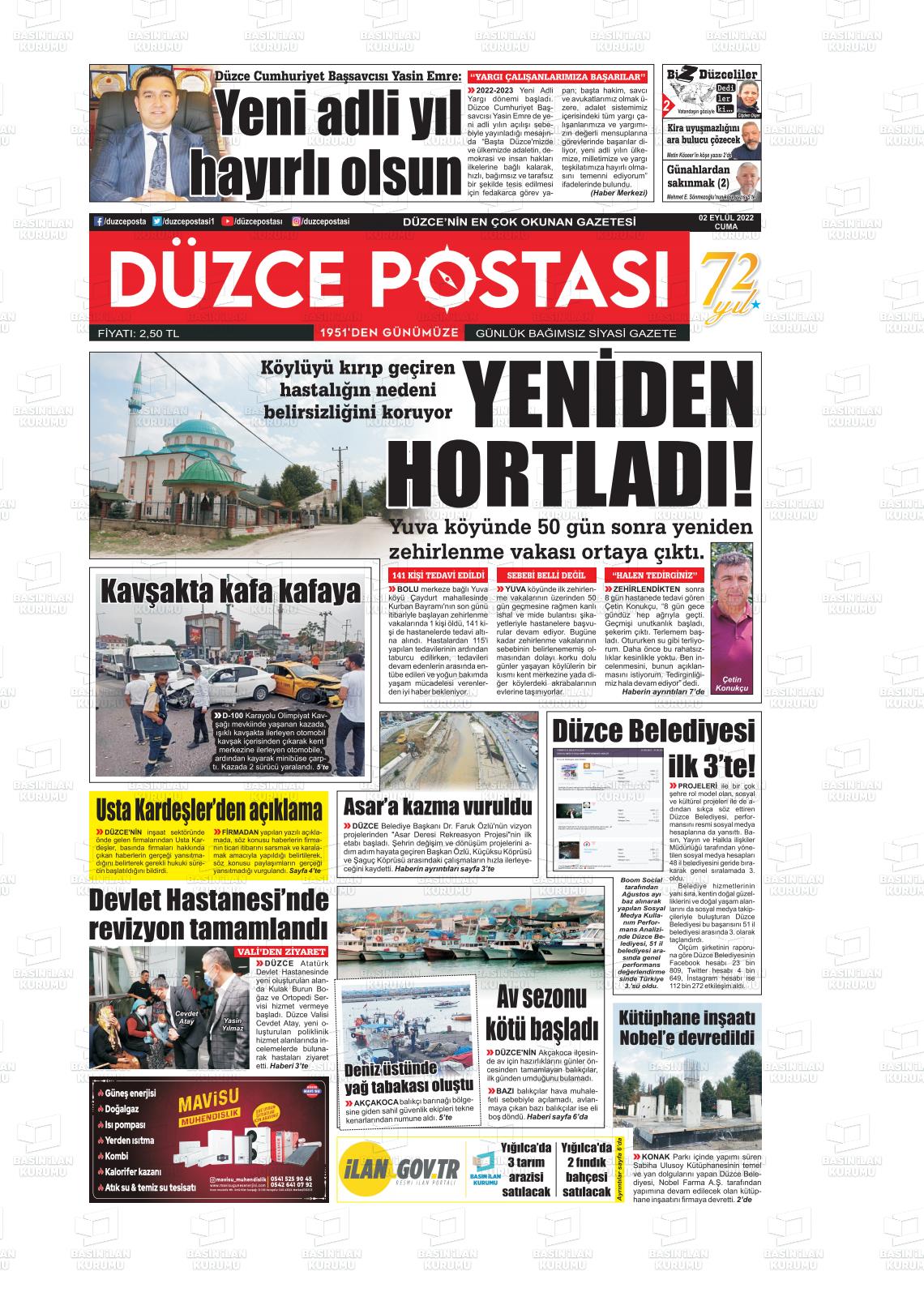 31 Ekim 2022 Düzce Postası Gazete Manşeti