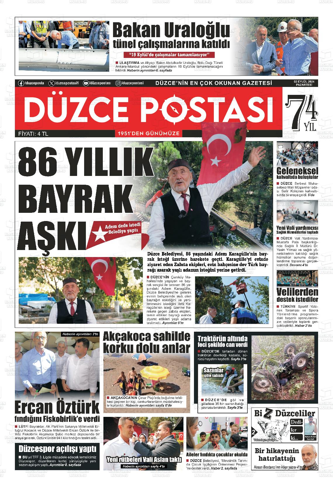 02 Eylül 2024 Düzce Postası Gazete Manşeti