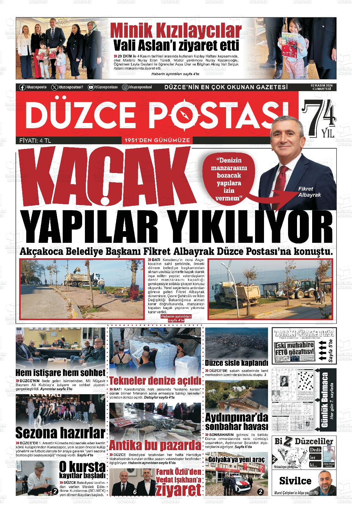 02 Kasım 2024 Düzce Postası Gazete Manşeti