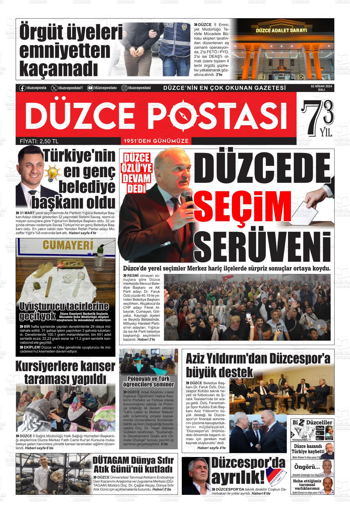 02 Nisan 2024 Düzce Postası Gazete Manşeti