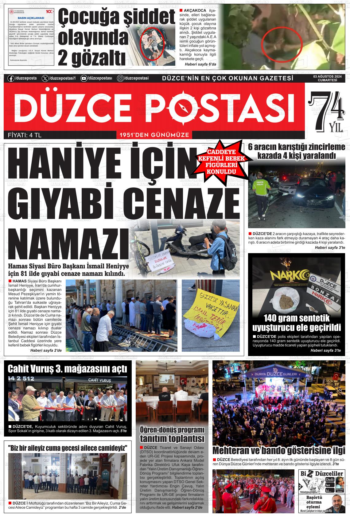 03 Ağustos 2024 Düzce Postası Gazete Manşeti