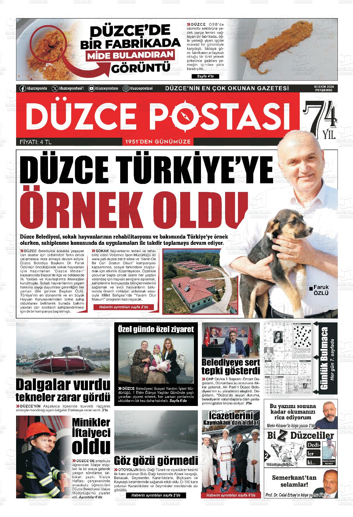 03 Ekim 2024 Düzce Postası Gazete Manşeti