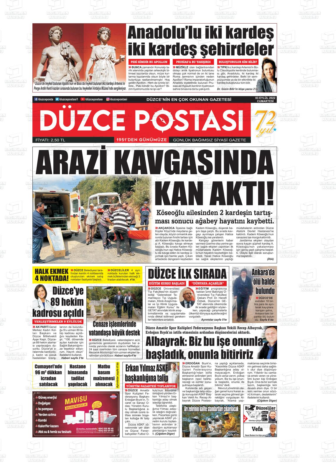 03 Eylül 2022 Düzce Postası Gazete Manşeti