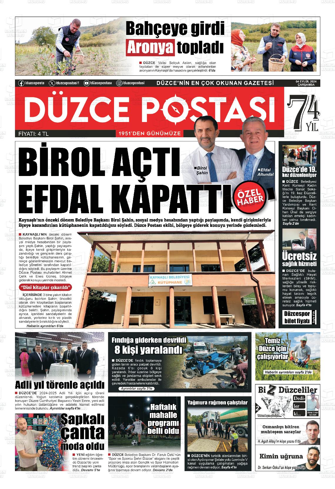 04 Eylül 2024 Düzce Postası Gazete Manşeti