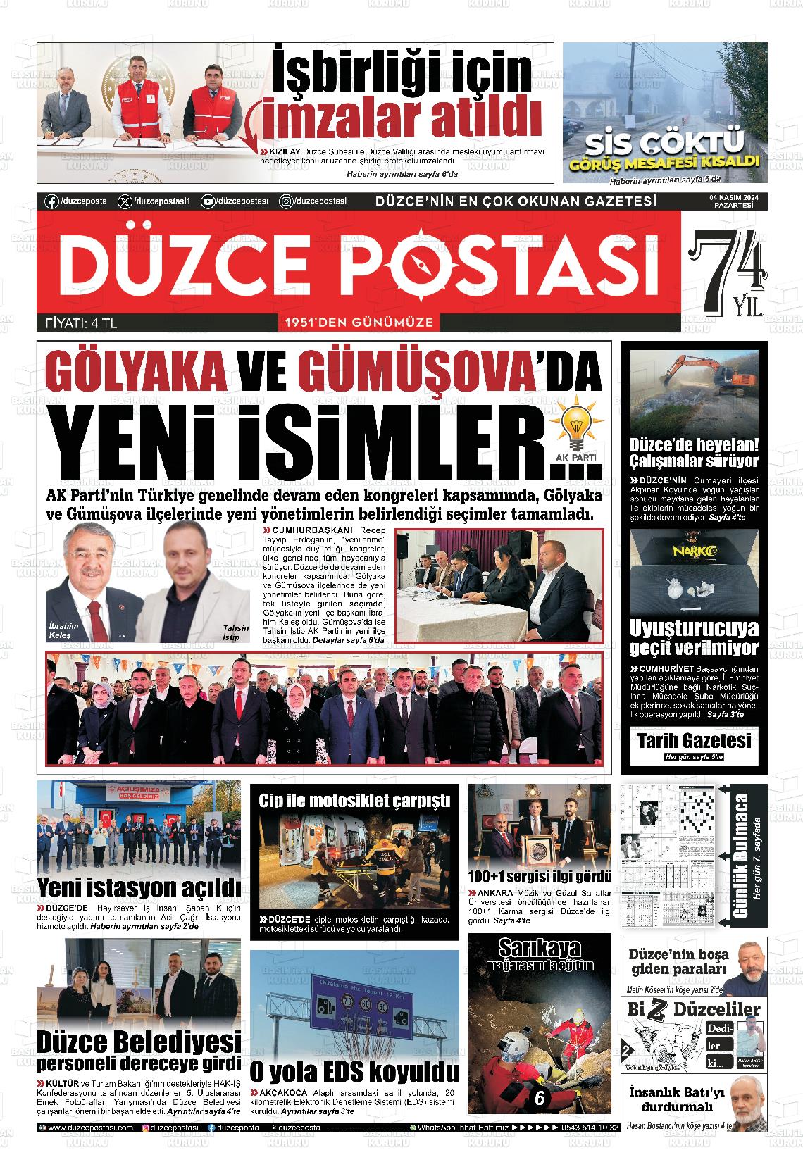 04 Kasım 2024 Düzce Postası Gazete Manşeti