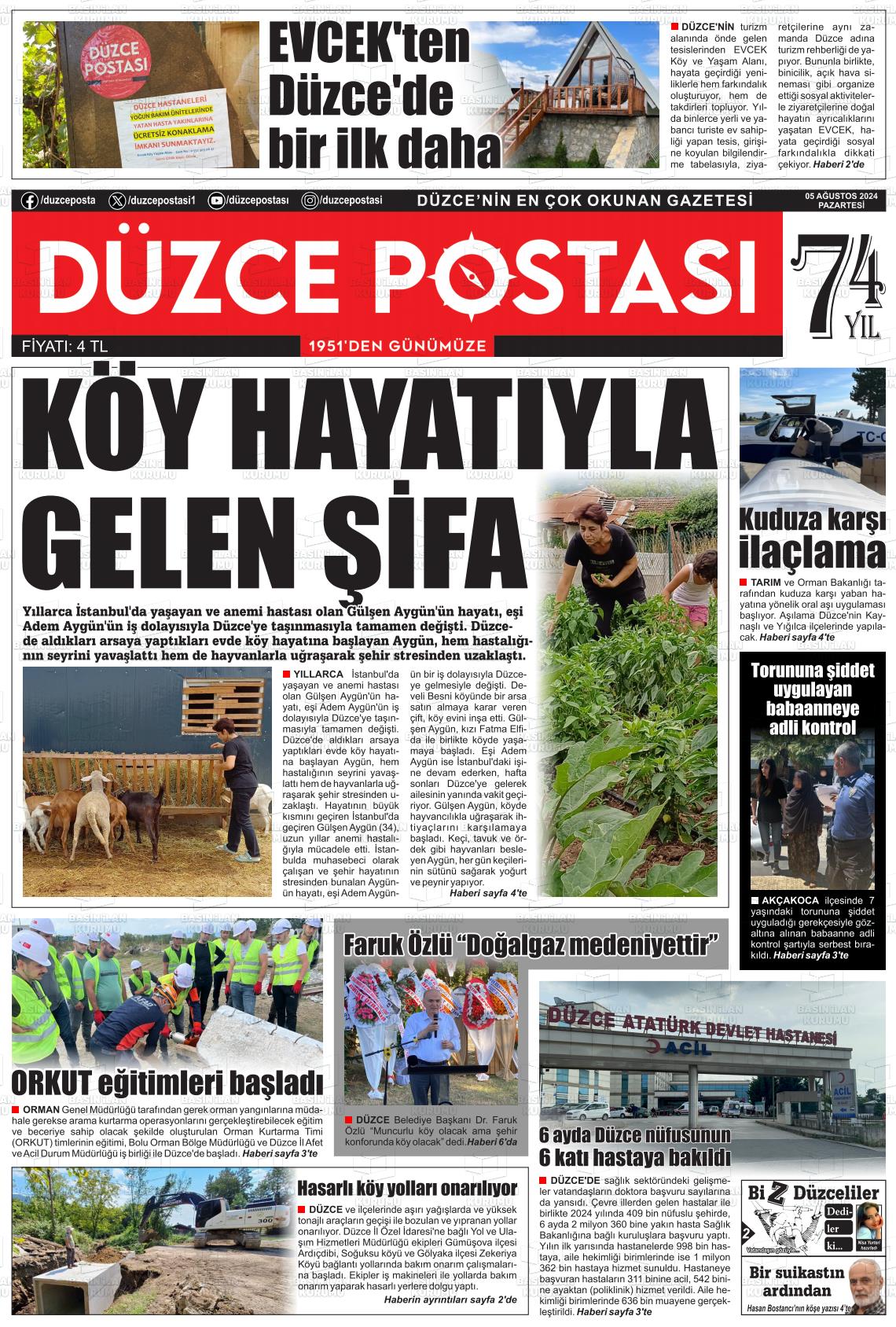 05 Ağustos 2024 Düzce Postası Gazete Manşeti