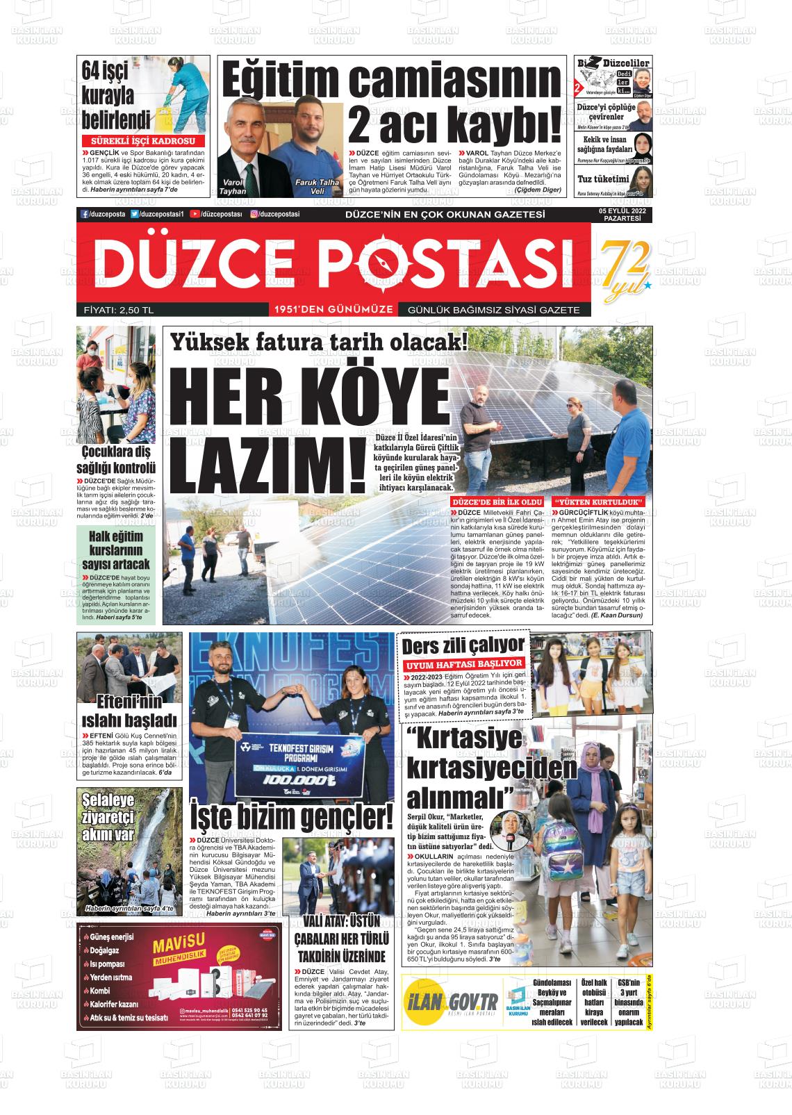 05 Eylül 2022 Düzce Postası Gazete Manşeti