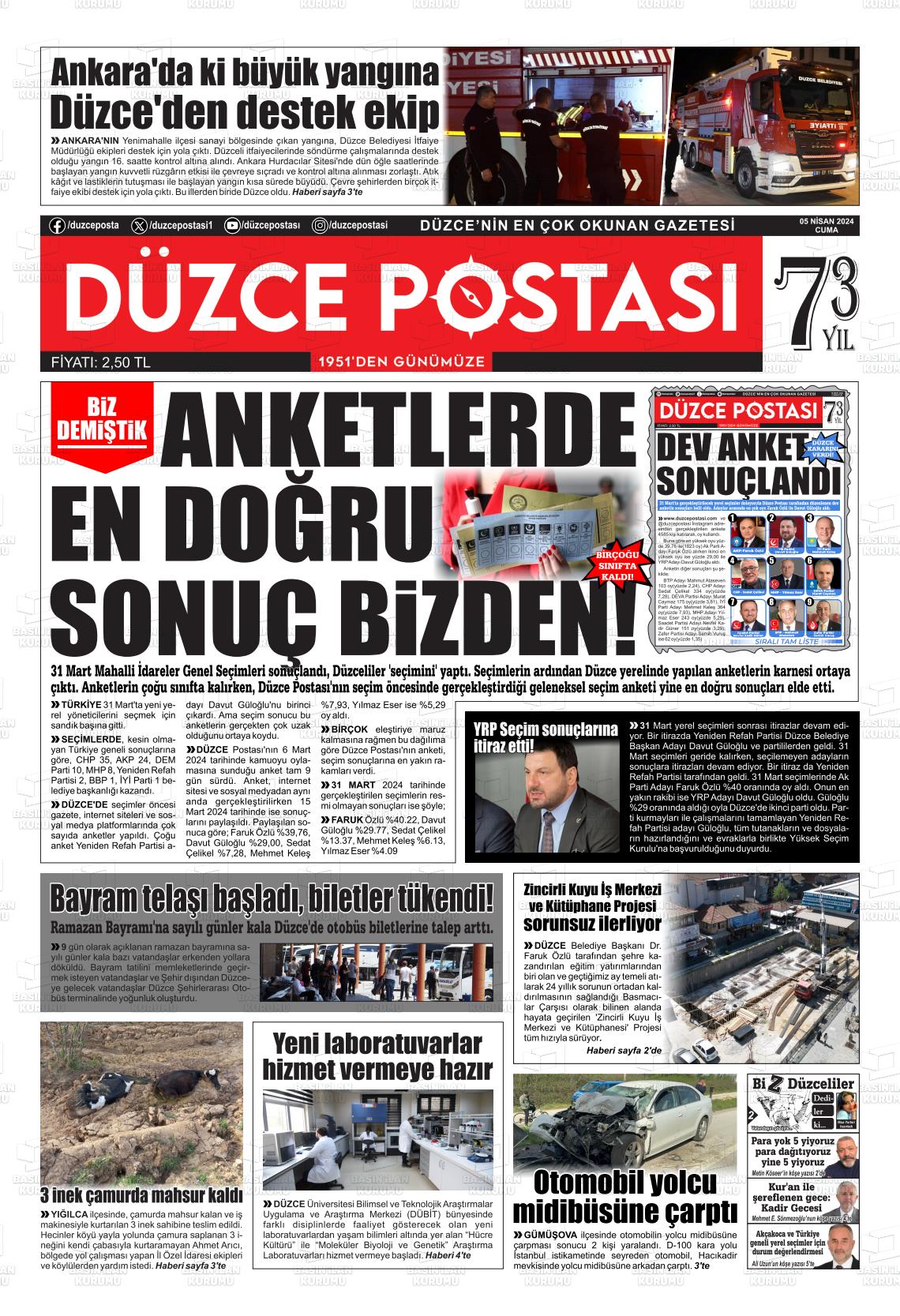 05 Nisan 2024 Düzce Postası Gazete Manşeti