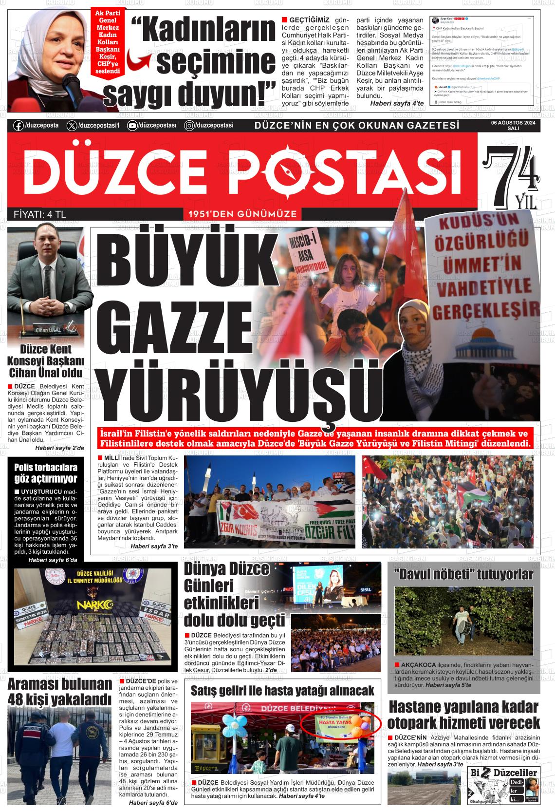 06 Ağustos 2024 Düzce Postası Gazete Manşeti