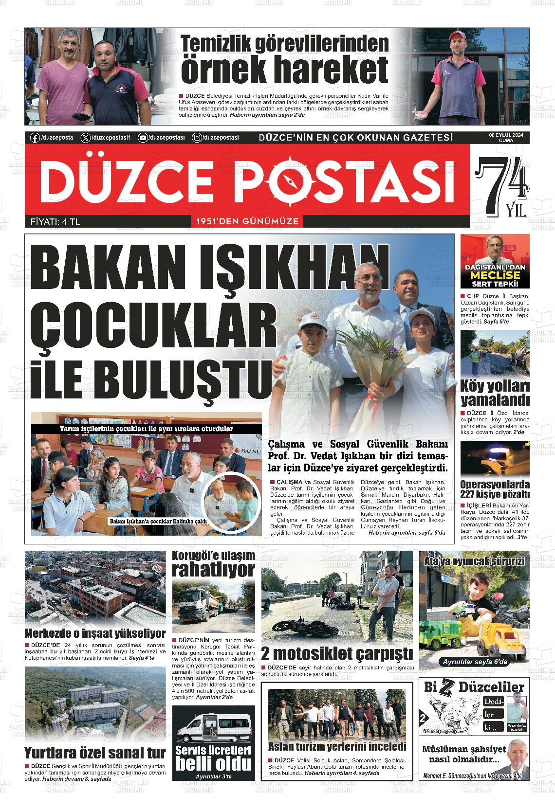 06 Eylül 2024 Düzce Postası Gazete Manşeti