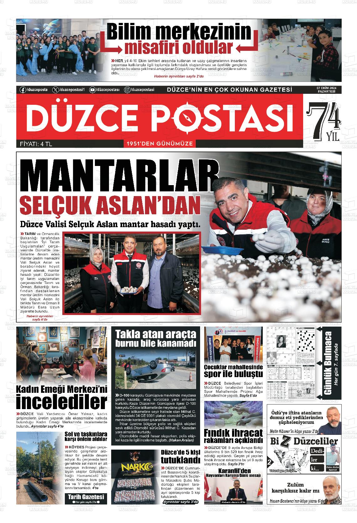 07 Ekim 2024 Düzce Postası Gazete Manşeti