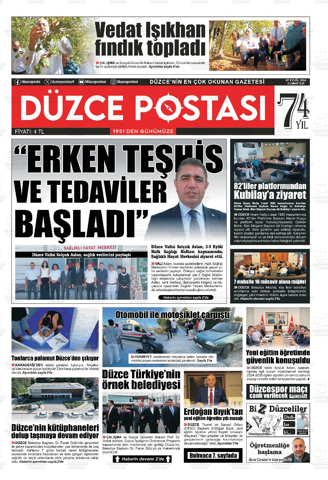 07 Eylül 2024 Düzce Postası Gazete Manşeti