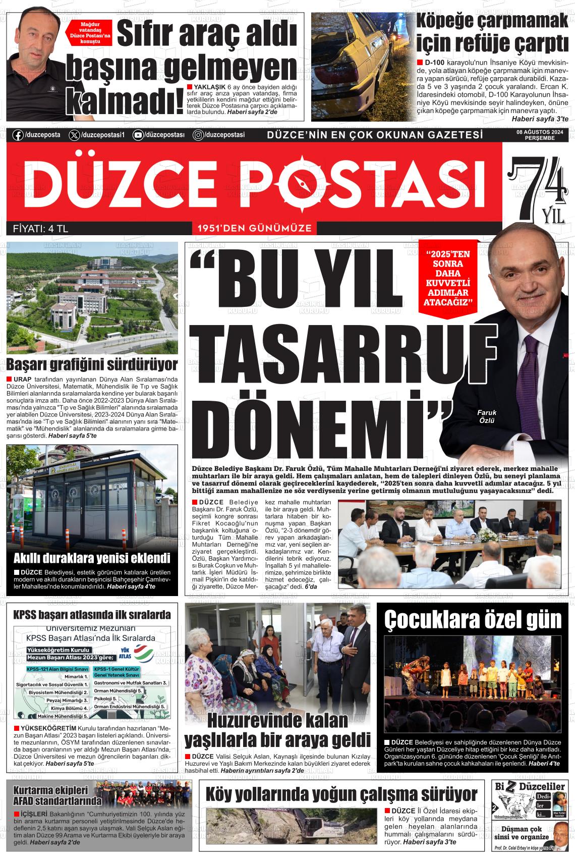 08 Ağustos 2024 Düzce Postası Gazete Manşeti