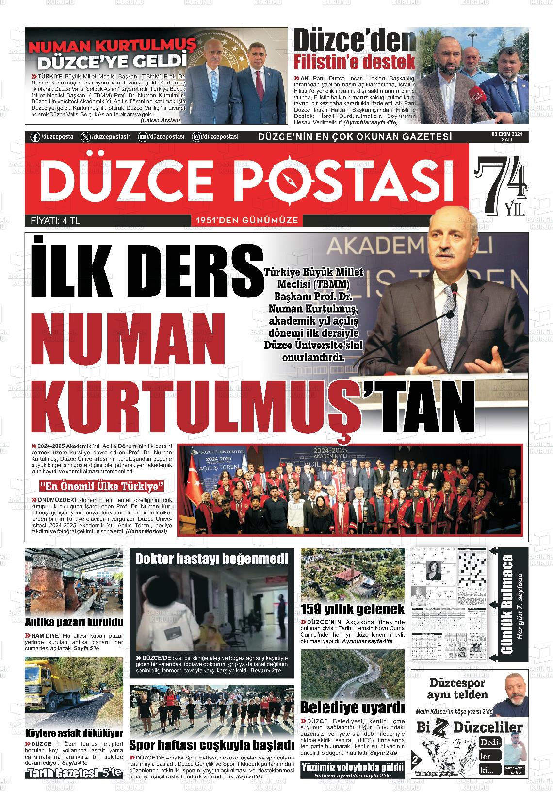 08 Ekim 2024 Düzce Postası Gazete Manşeti