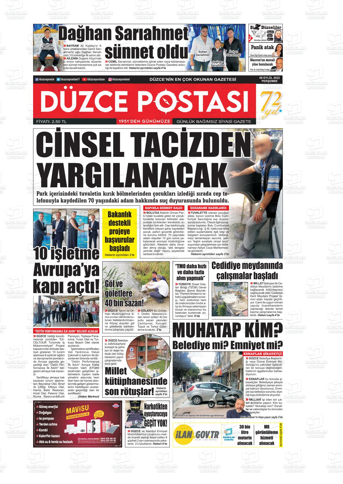 08 Eylül 2022 Düzce Postası Gazete Manşeti