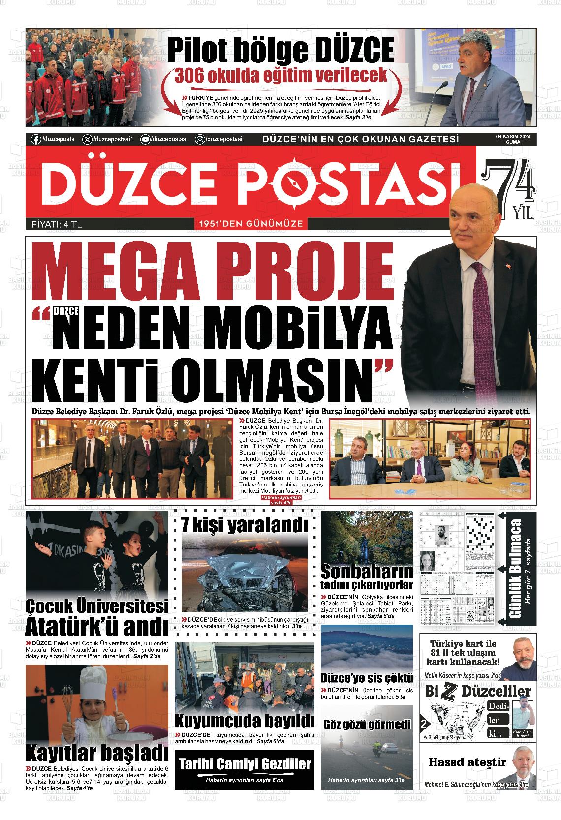 08 Kasım 2024 Düzce Postası Gazete Manşeti