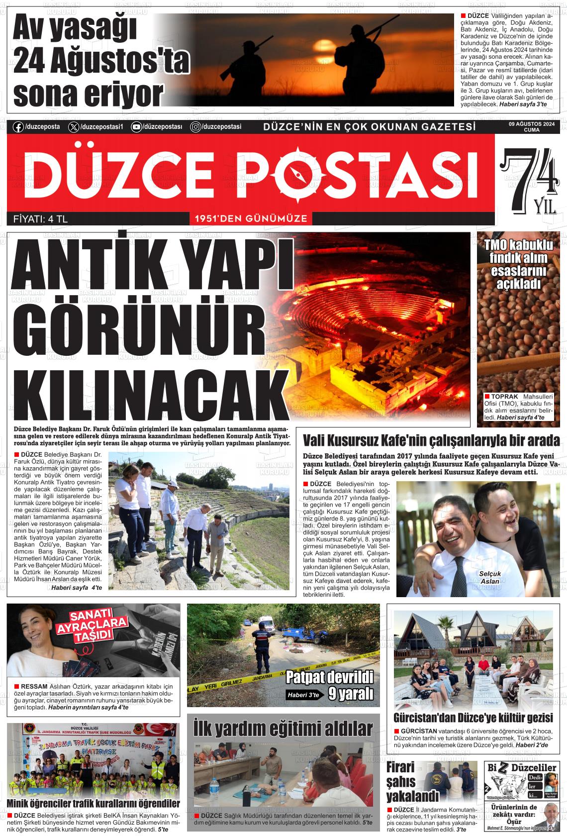 09 Ağustos 2024 Düzce Postası Gazete Manşeti