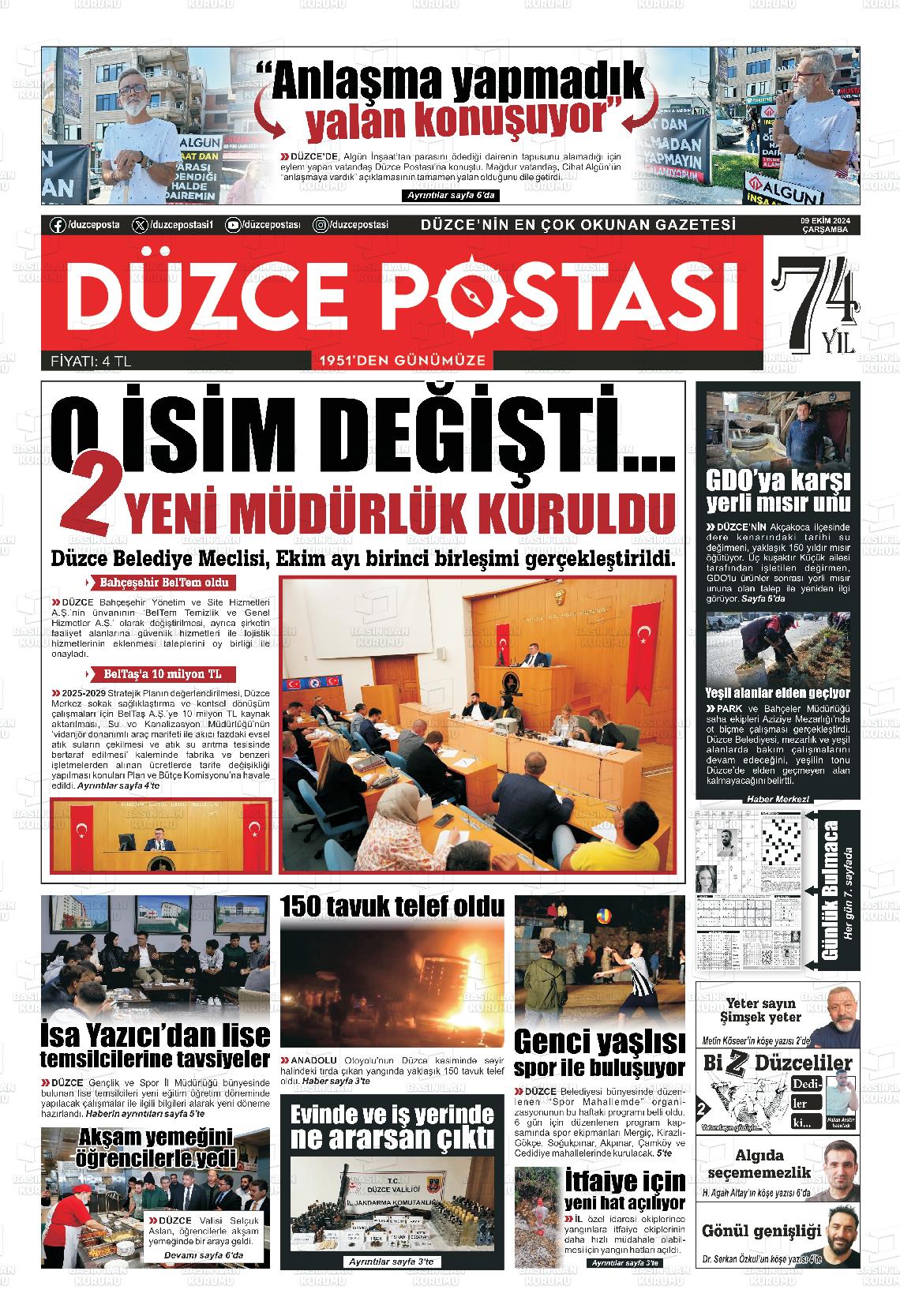 09 Ekim 2024 Düzce Postası Gazete Manşeti